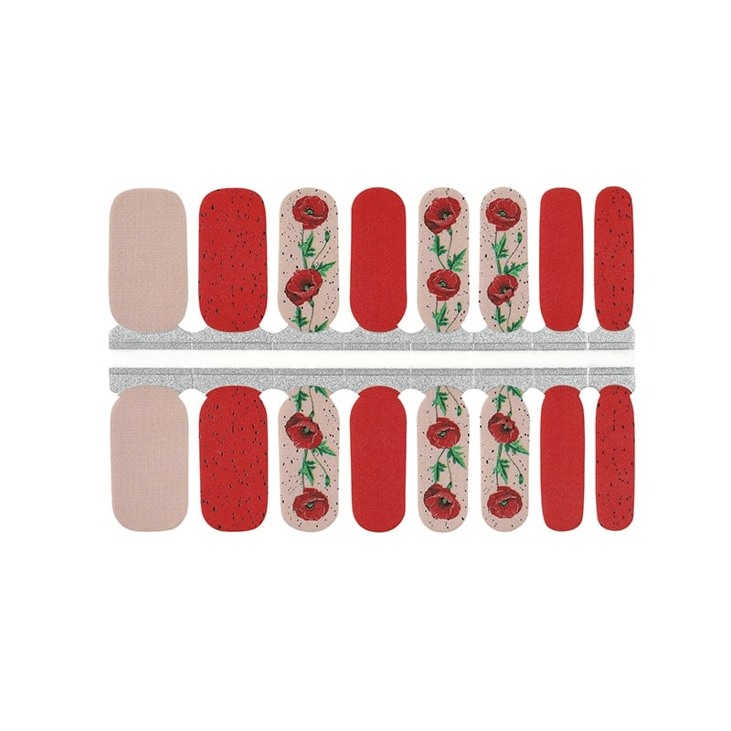 Classic matte red nail wraps featuring botanical poppy flowers for at-home nail art