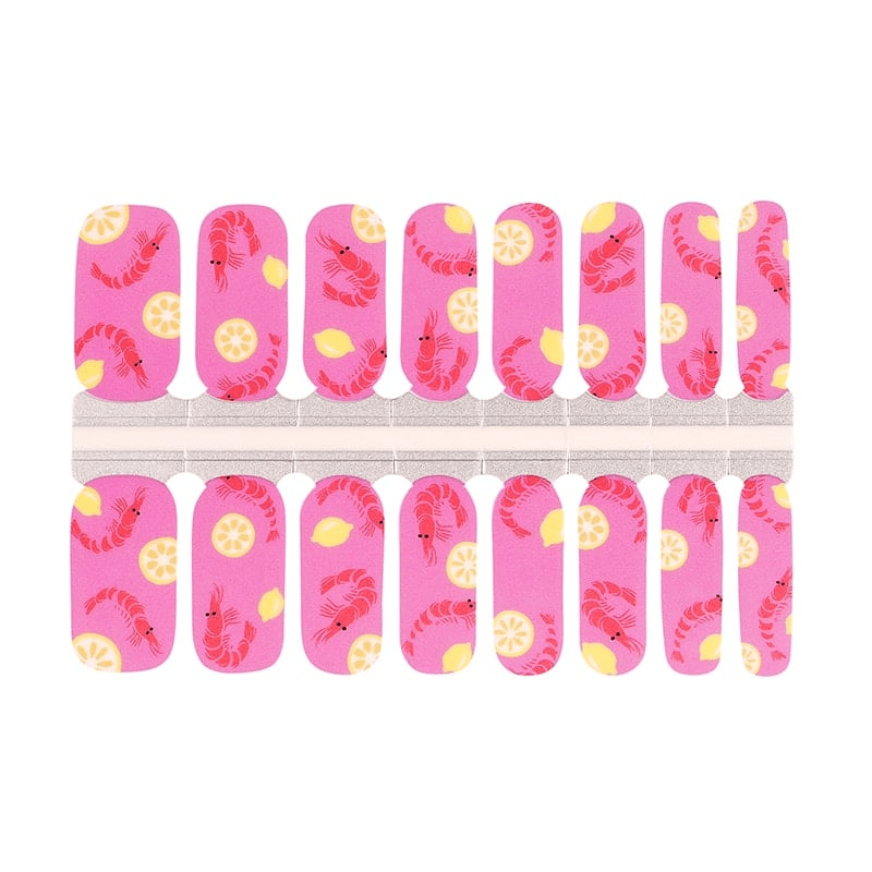 Pink prawn cocktail nail wrap sheet with yellow lemon slice pattern