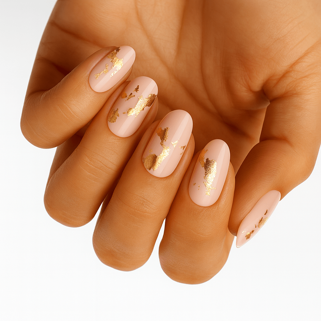 Nude nail wraps with gold foil flake accents on almond-shaped nails