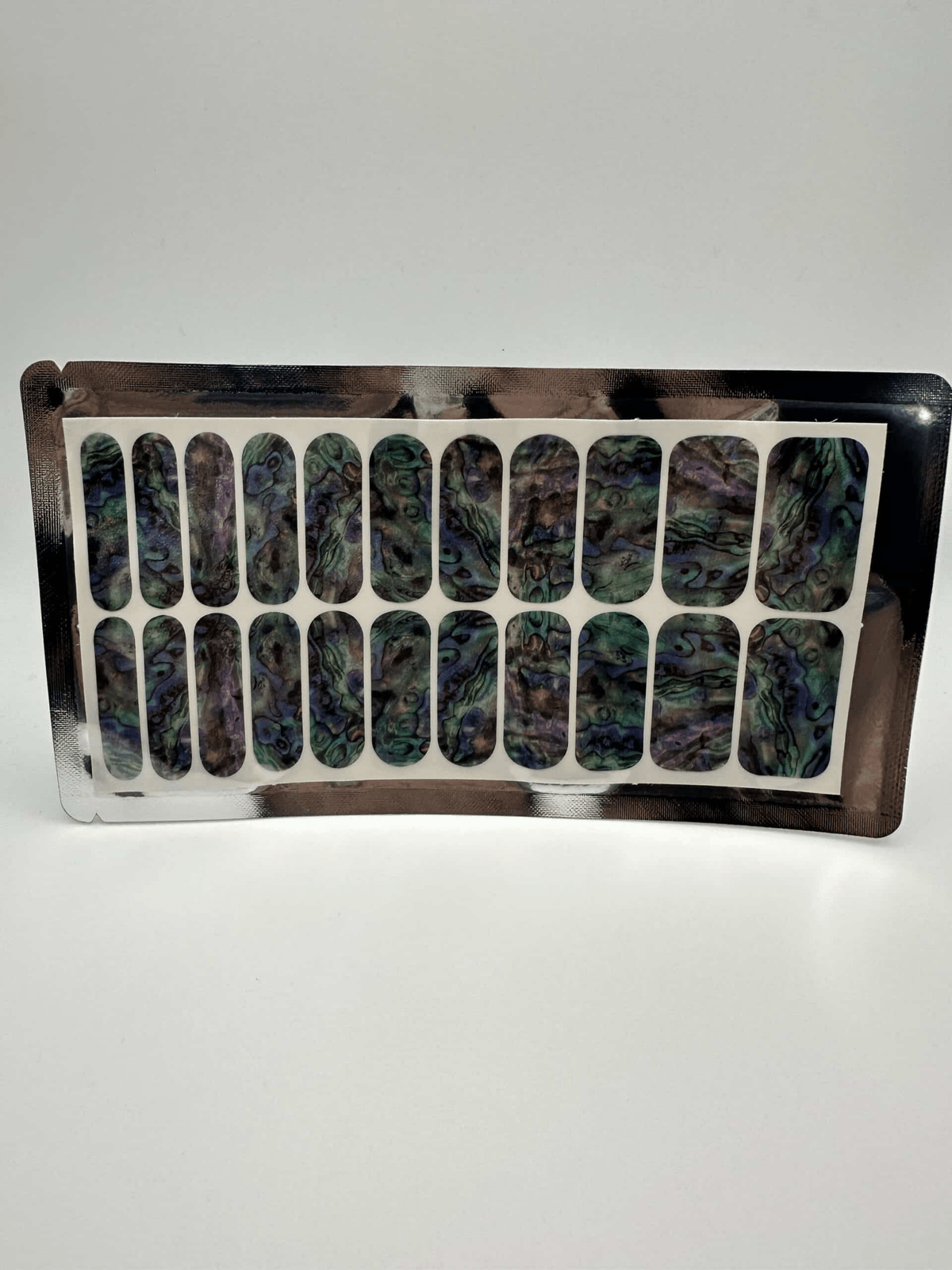 Wide fit nail wraps sheet showing marble chrome pattern in purple silver iridescent finish
