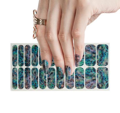 Non-UV nail wraps with iridescent marble pattern in purple silver chrome finish