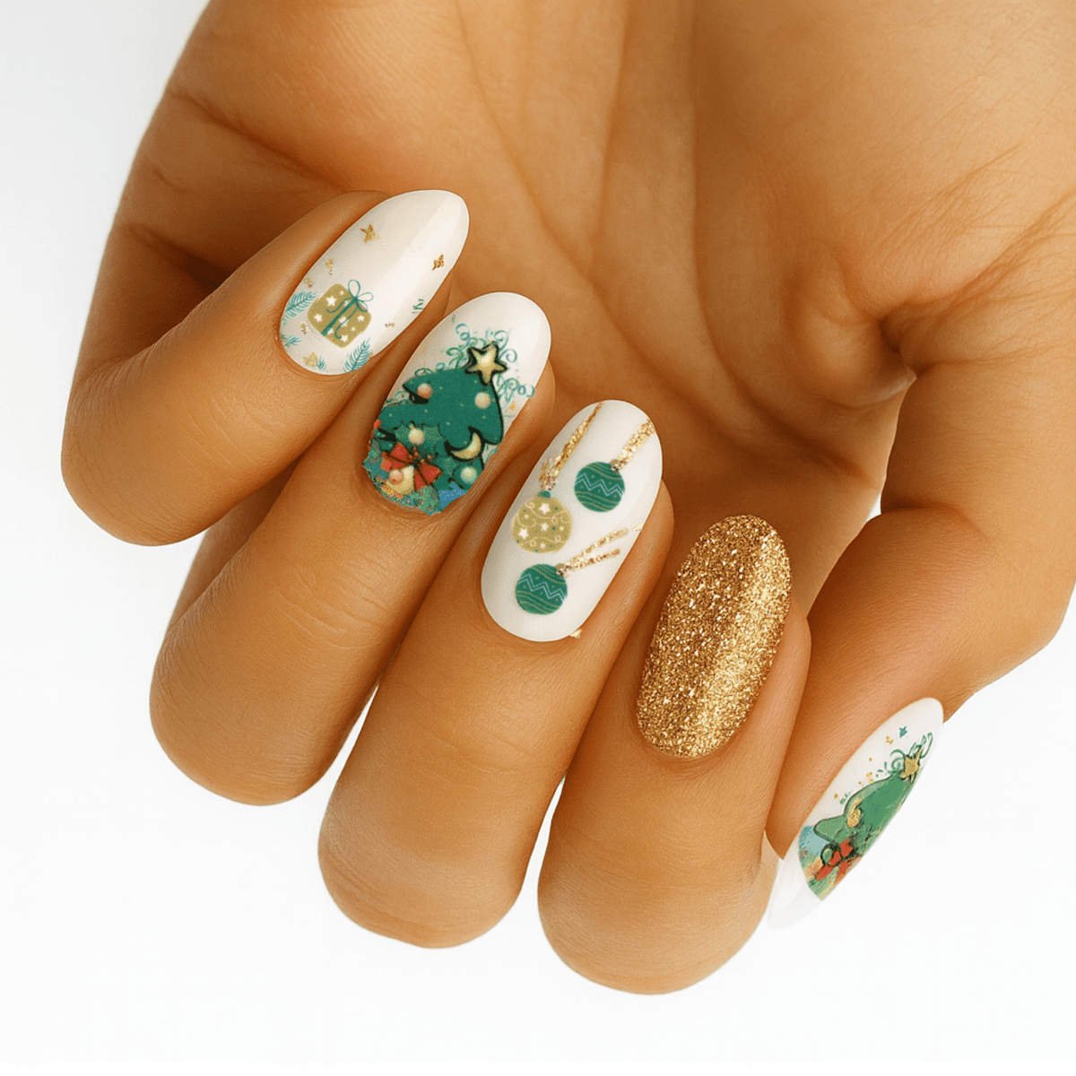 White nail wraps with Christmas tree, gift, bauble ornaments and gold glitter accent nail