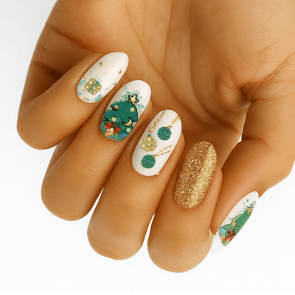 White nail wraps with Christmas tree, gift, bauble ornaments and gold glitter accent nail