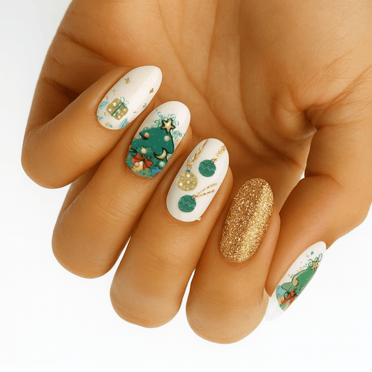 White nail wraps with Christmas tree, gift, bauble ornaments and gold glitter accent nail