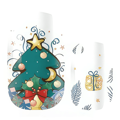 Christmas nail wrap sheet showing green Christmas tree designs with gold presents on white background
