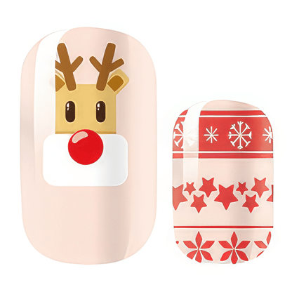 Festive Christmas nail wrap designs showing reindeer pattern and red Nordic Fair Isle motifs