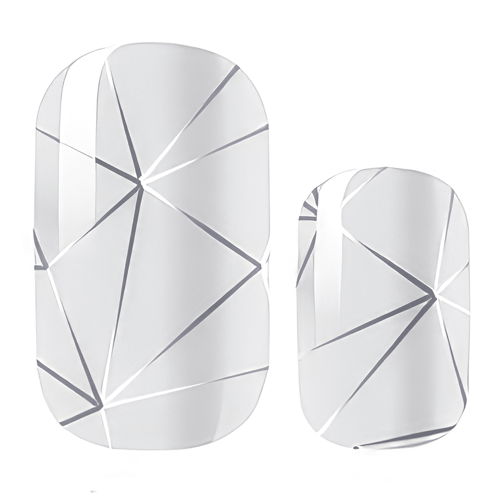 Silver geometric nail wraps with chrome mirror finish and angular pattern design