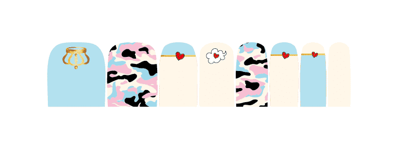 Multi-colour camo toe nail wraps sheet showing pastel camouflage pattern for pedicure