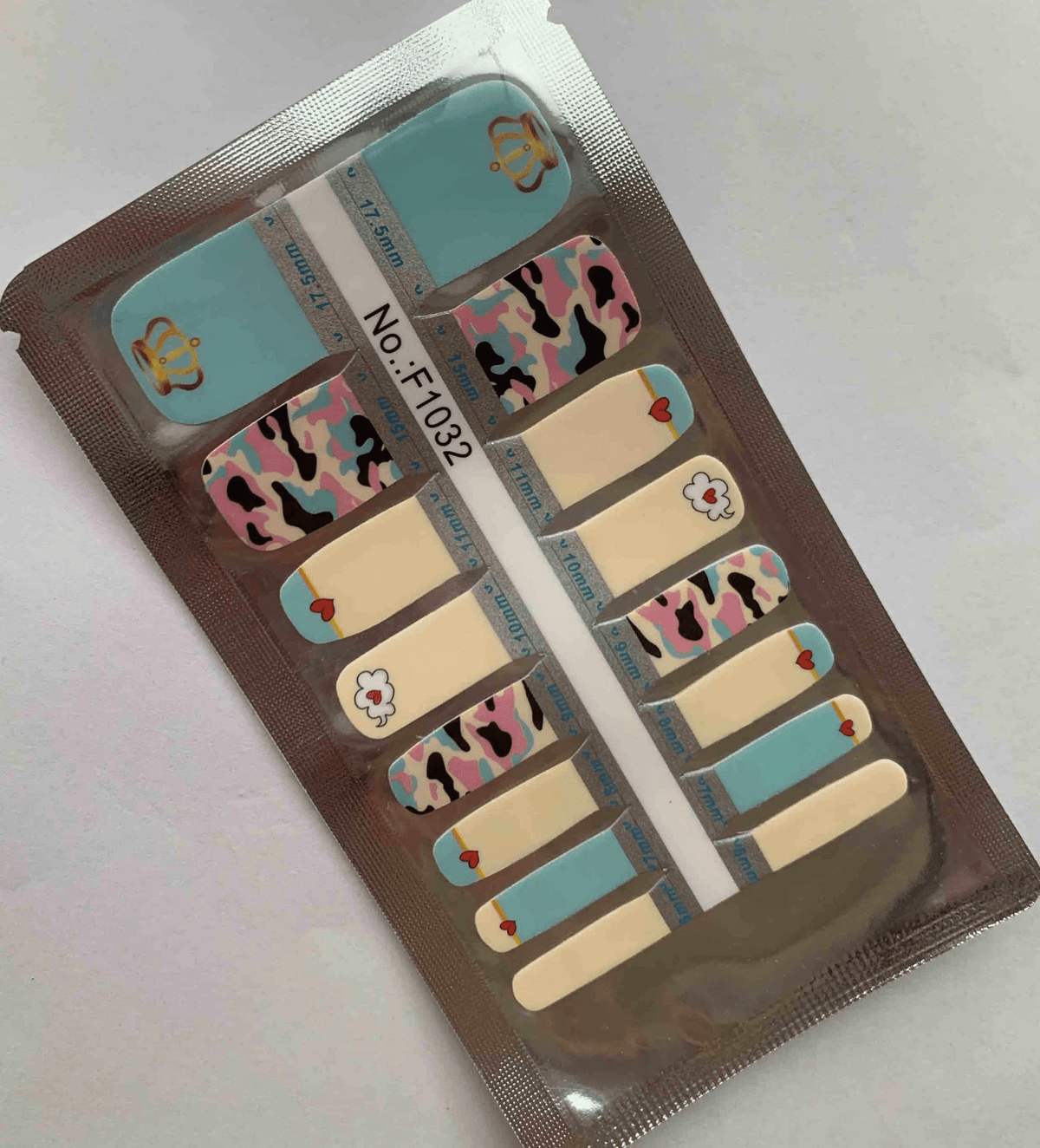 Multicolour camouflage nail wraps with turquoise pink beige pattern pedicure design sheet