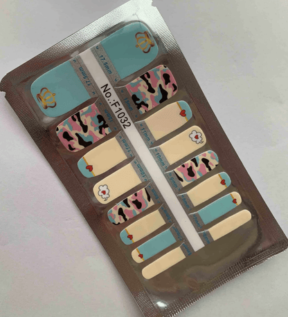 Multicolour camouflage nail wraps with turquoise pink beige pattern pedicure design sheet