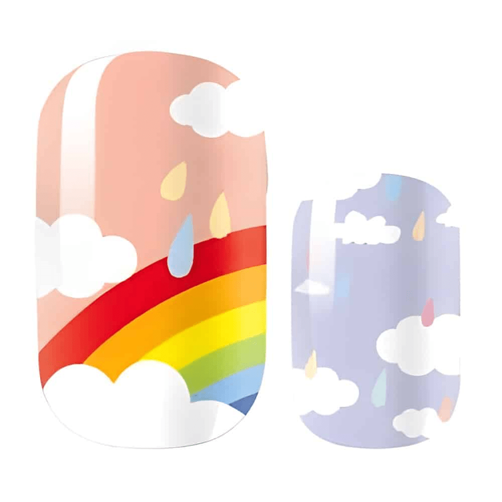 Colourful rainbow and cloud nail wraps with pastel blue background for at-home manicure