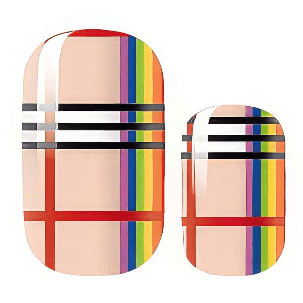 Rainbow plaid nail art wraps with beige base and colourful striped pattern