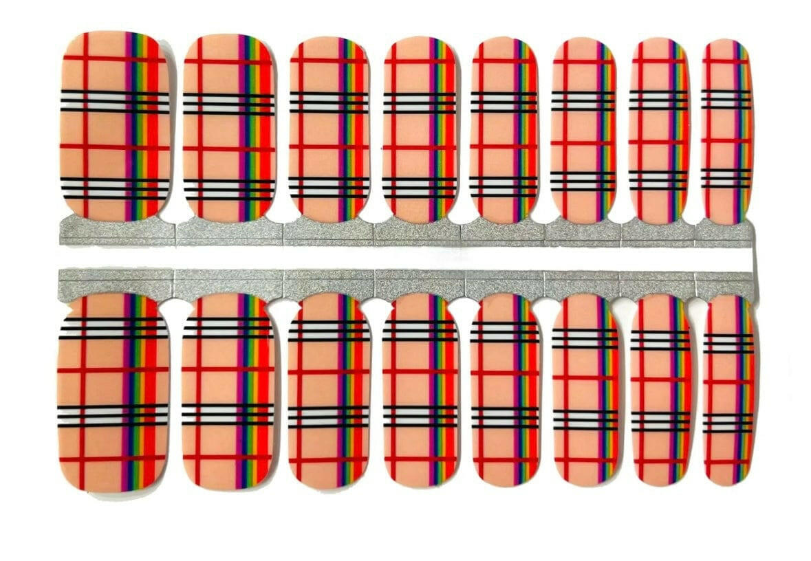 Sheet of rainbow plaid nail wraps featuring geometric stripes in pride colours