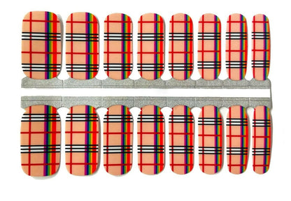 Sheet of rainbow plaid nail wraps featuring geometric stripes in pride colours