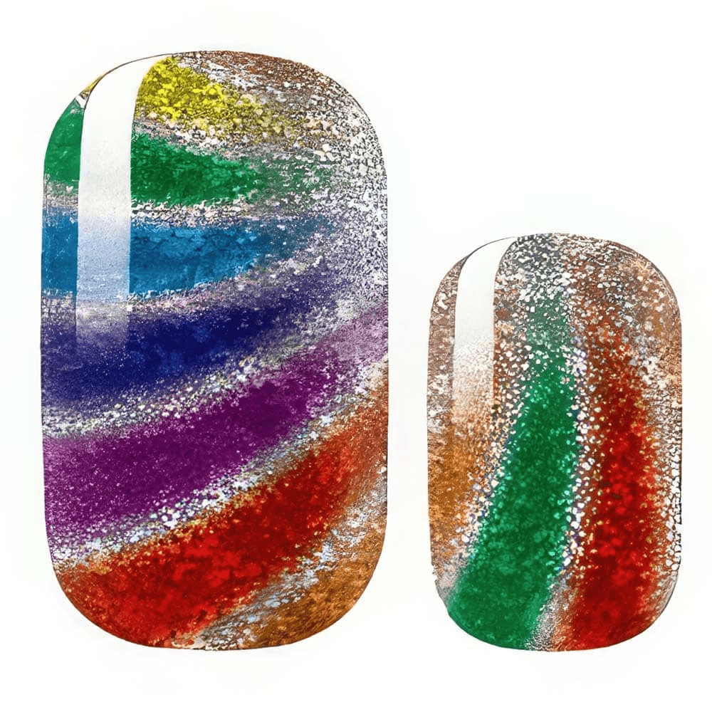 Holy Classics nail wraps with multicolour rainbow swirl and silver glitter texture