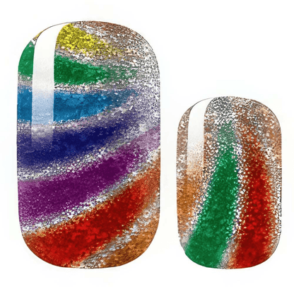 Holy Classics nail wraps with multicolour rainbow swirl and silver glitter texture