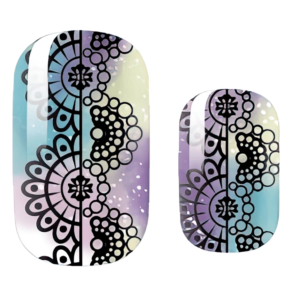 Mandala pattern nail wraps with purple and blue ombre gradient non-UV manicure design
