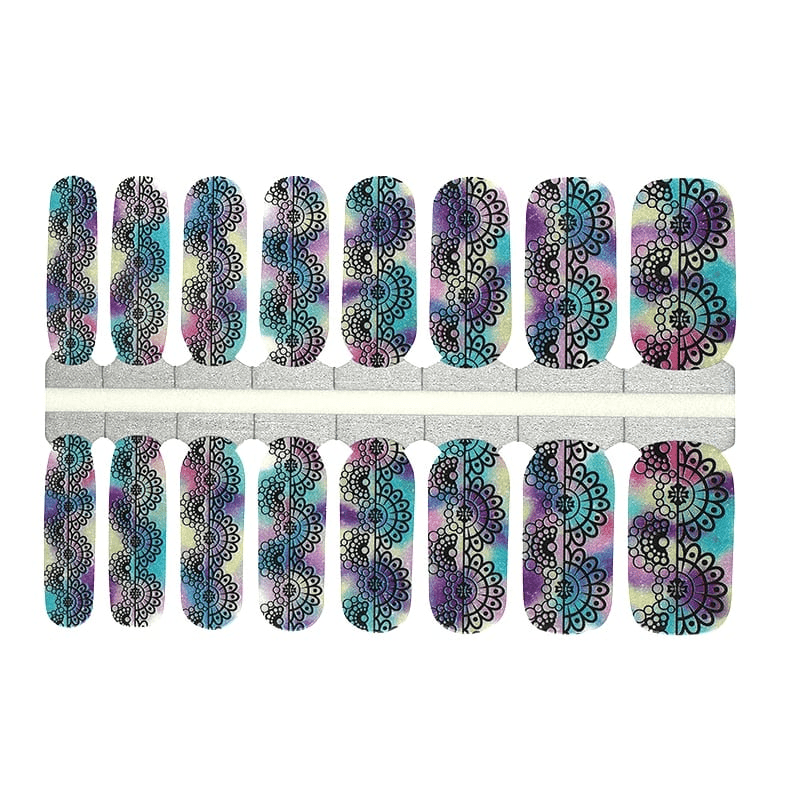 Complete set of rainbow holographic ombre nail wraps with intricate lace patterns