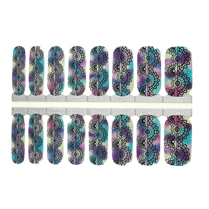 Complete set of rainbow holographic ombre nail wraps with intricate lace patterns