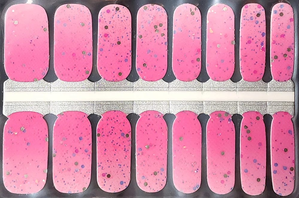 Pink confetti nail wraps sheet showing glitter pattern designs for at-home manicure application