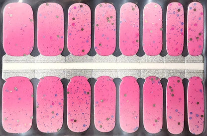 Pink confetti nail wraps sheet showing glitter pattern designs for at-home manicure application
