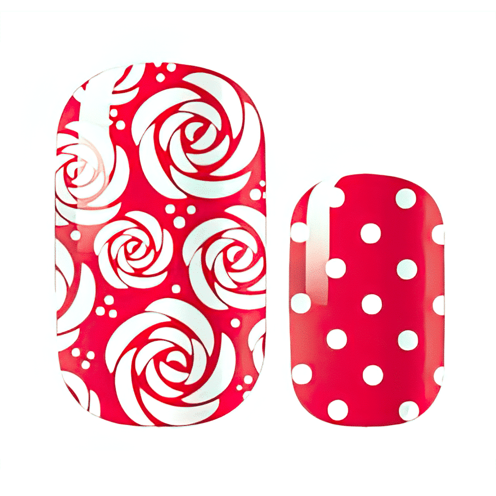 Red non-UV nail wraps featuring white rose patterns and polka dot designs