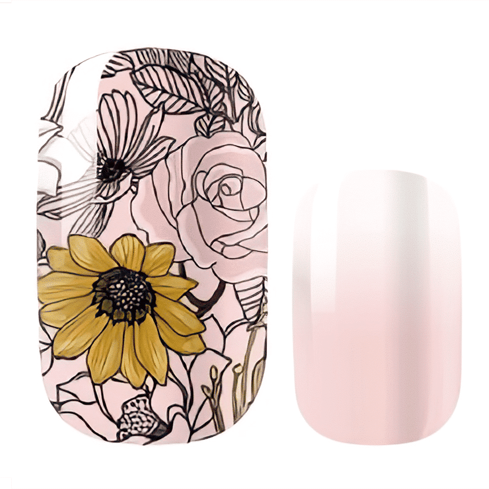 Pink floral nail wraps with botanical line art featuring roses and sunflowers