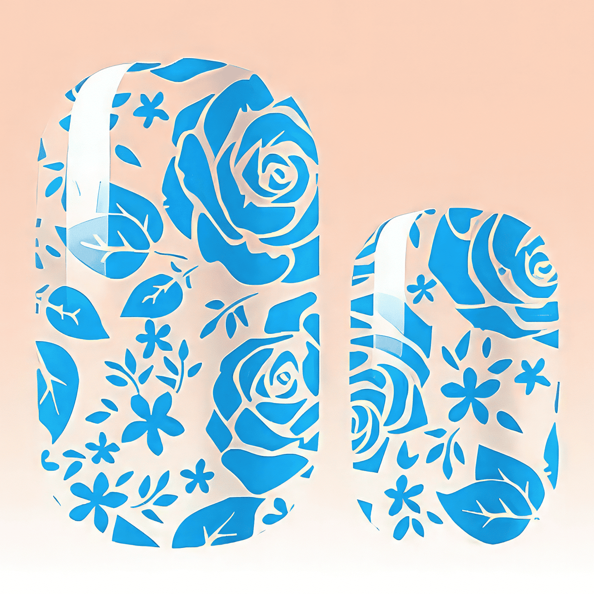 Blue floral nail wrap design featuring roses and botanical patterns on clear background