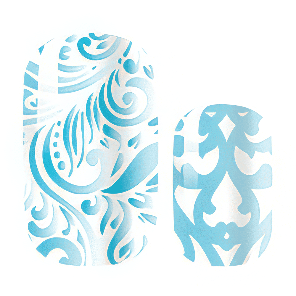 Ornate blue baroque pattern nail wraps with decorative swirls and vintage motifs design