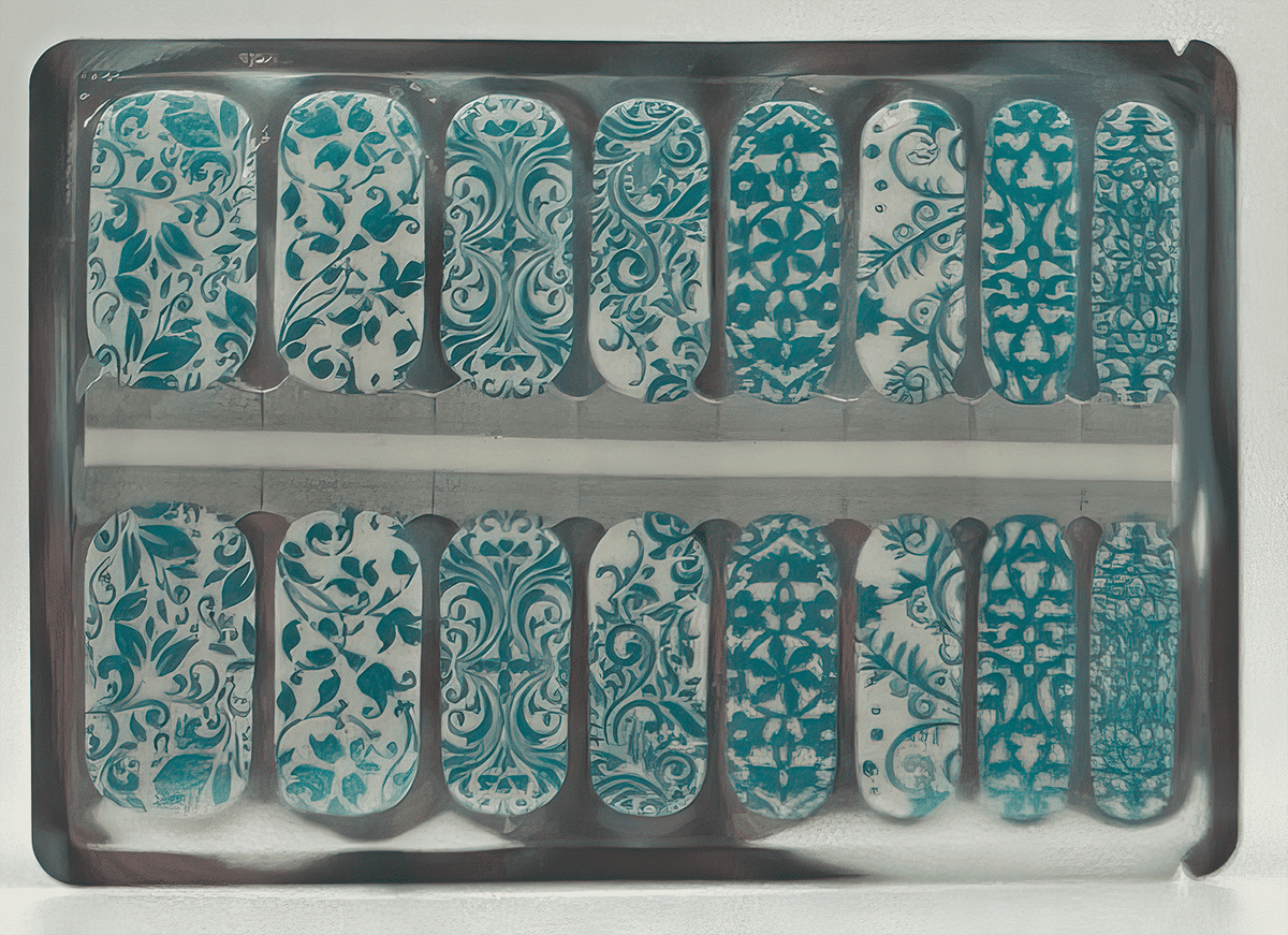 Teal baroque lace design nail wrap strips showing intricate floral patterns for at-home manicure
