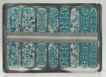 Teal baroque lace design nail wrap strips showing intricate floral patterns for at-home manicure