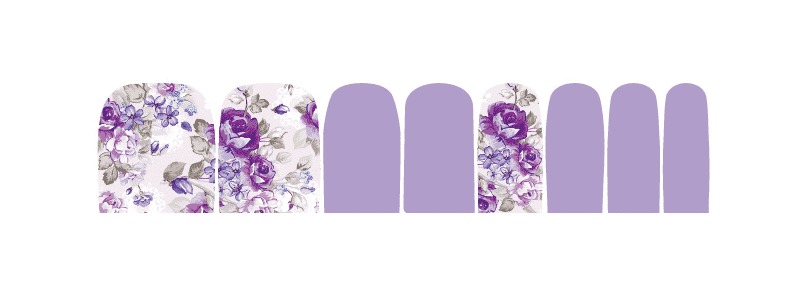 Lavender purple toe nail wraps featuring romantic rose designs for pedicures