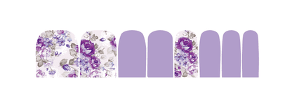 Lavender purple toe nail wraps featuring romantic rose designs for pedicures