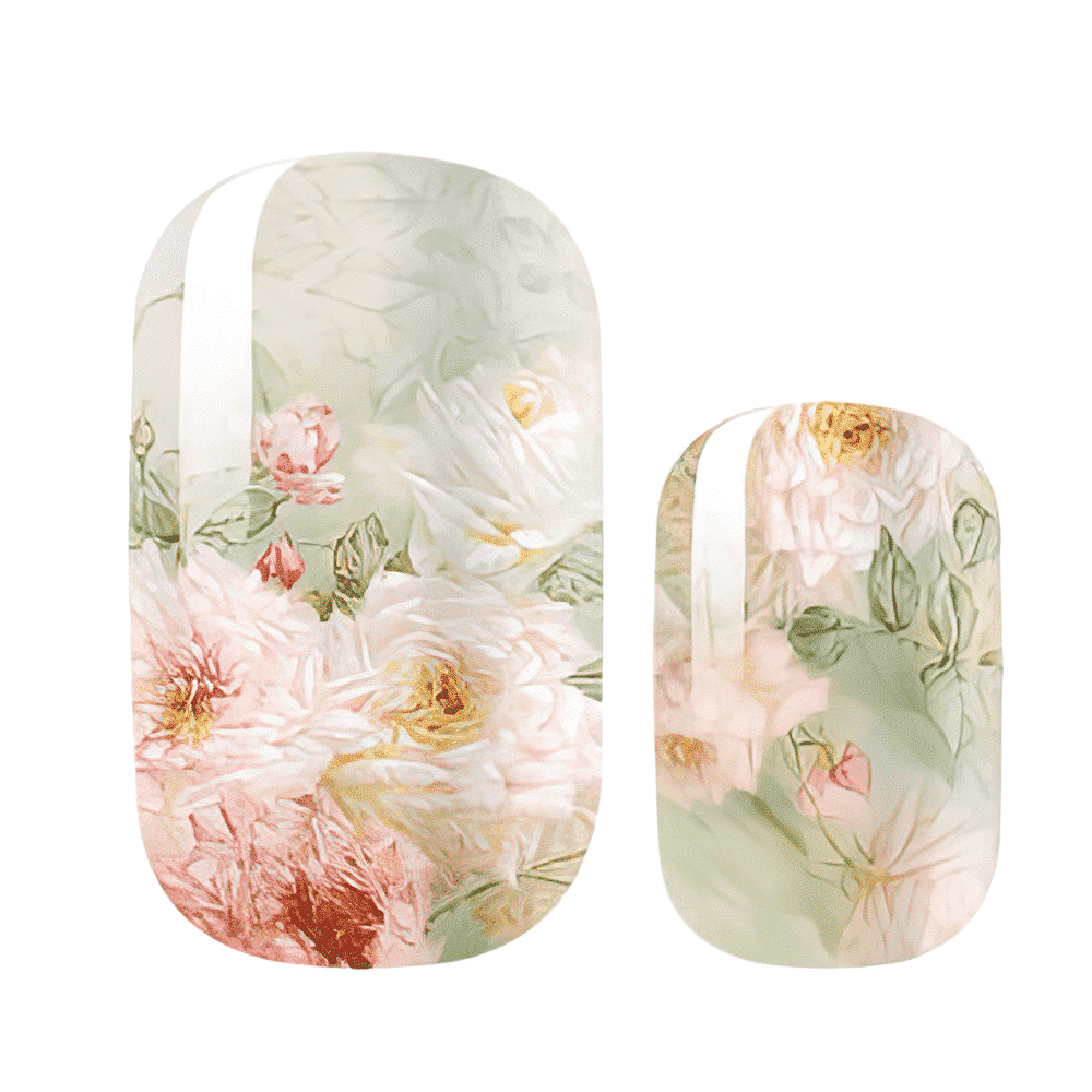 Pastel floral nail wraps with watercolour rose garden design in pink and green