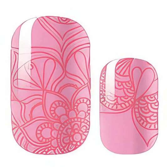 Pink nail wraps with glossy mandala and floral line-art design in deeper pink