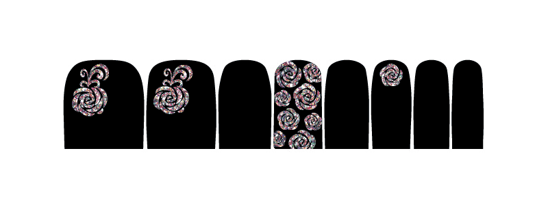 Black and white rose pattern pedicure nail wraps showing multiple design variations