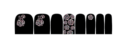 Black and white rose pattern pedicure nail wraps showing multiple design variations