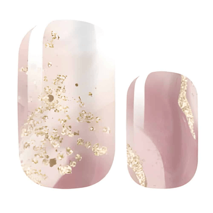Pink and white marble nail wraps with gold foil flakes and glitter accents.