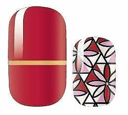 Red and geometric patterned nail wraps with botanical floral design