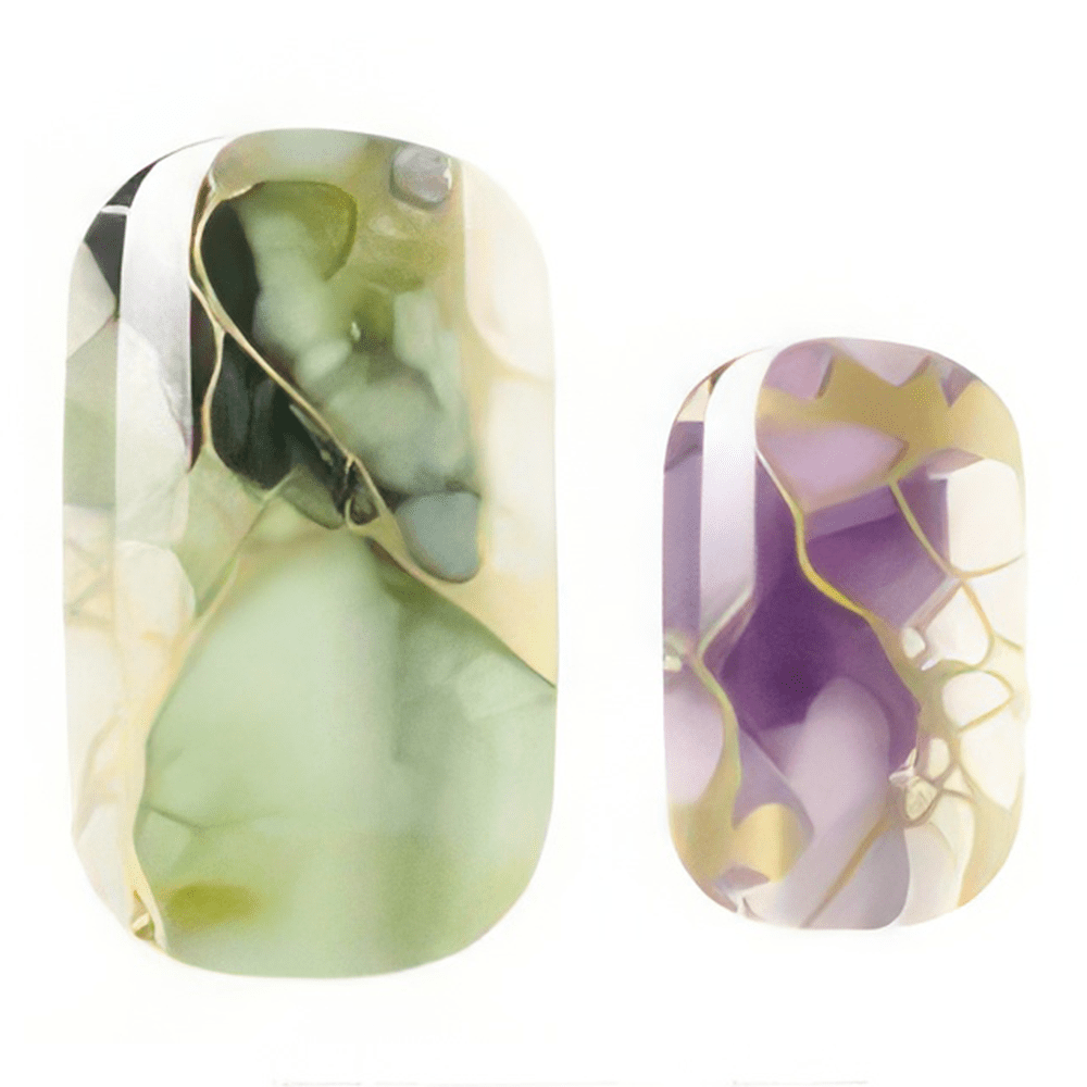 Holy Classics nail wraps, green and purple marble design with gold foil veining