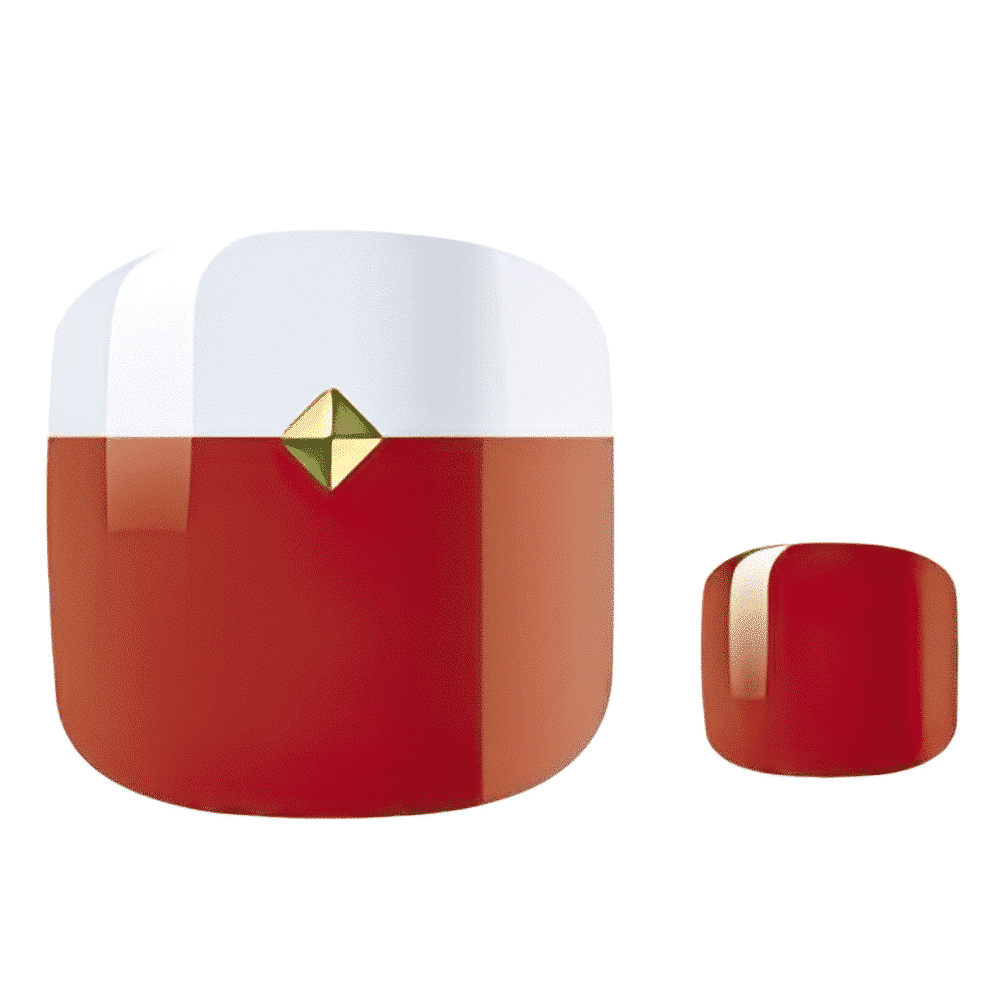 Red and grey geometric nail wrap design with gold pyramid stud accent detail