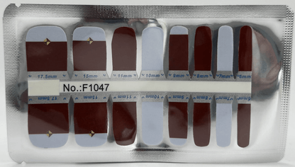 Pedicure nail wraps sheet showing grey and burgundy colour block geometric pattern designs