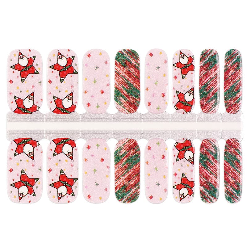 Non-UV Christmas nail wraps sheet with Santa Claus, candy cane stripes and pink festive patterns