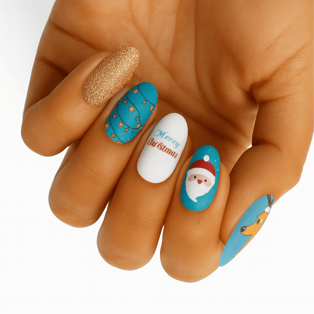 Christmas nail wraps on hand featuring cute Santa, gold glitter and turquoise festive designs
