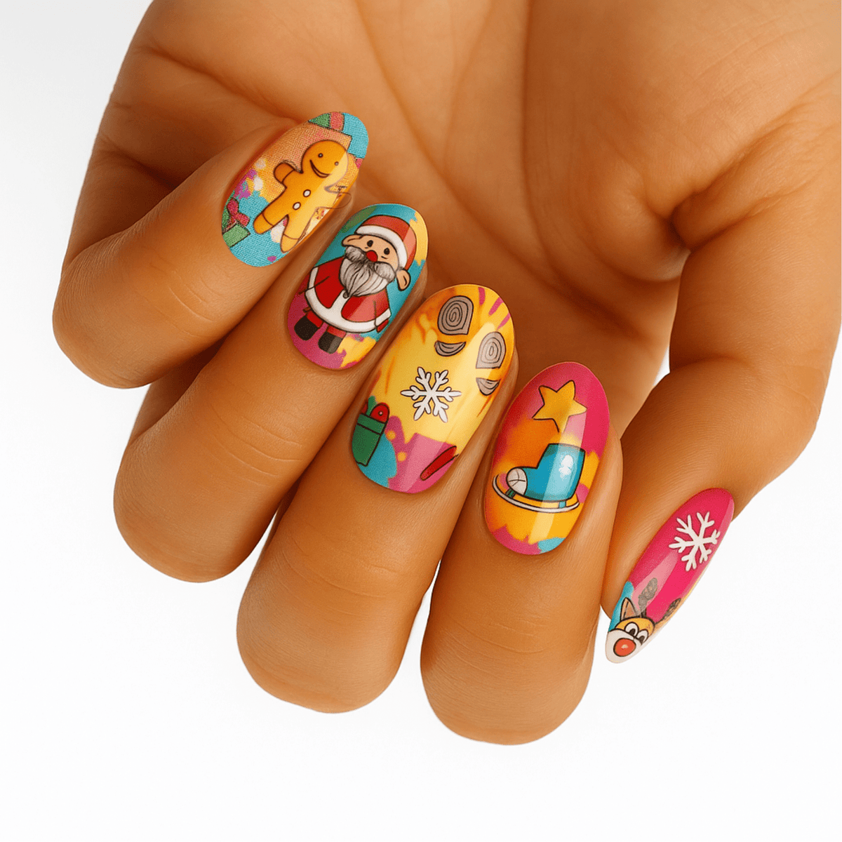 Festive Christmas nail wraps on hand featuring Santa cartoon designs in bright multicolours