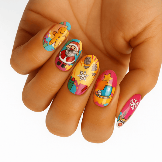 Festive Christmas nail wraps on hand featuring Santa cartoon designs in bright multicolours