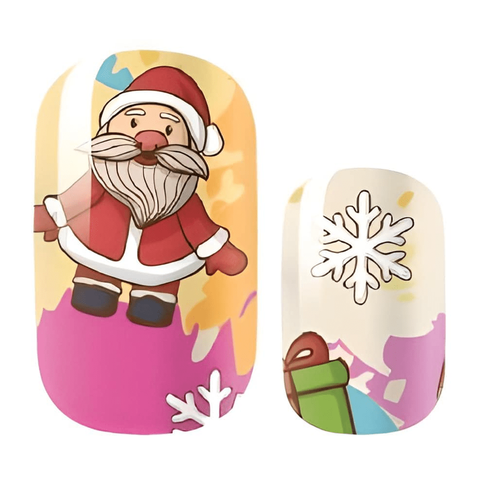 Colourful Santa Christmas nail wraps with cartoon design and snowflake patterns for festive manicure