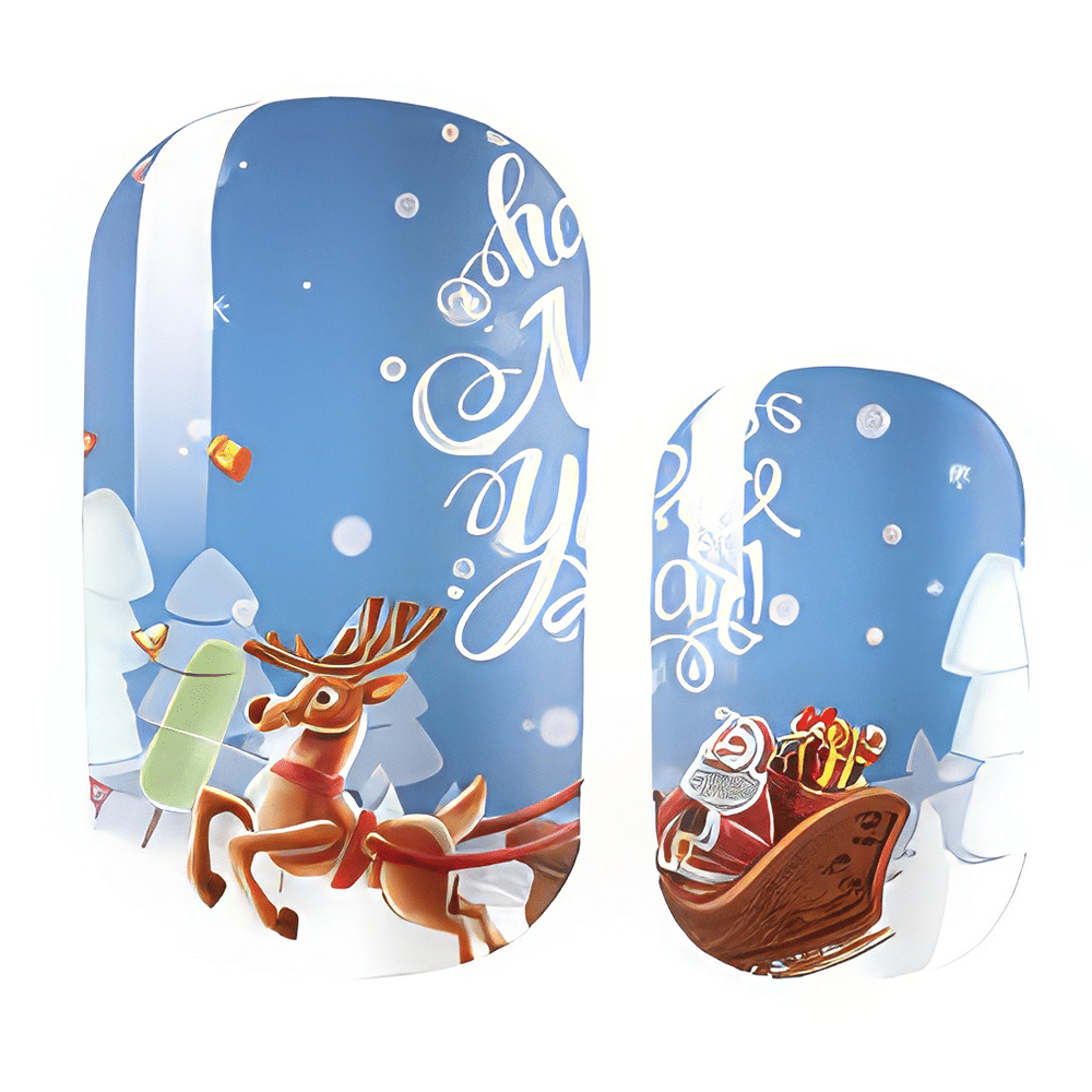 Festive blue nail wraps featuring Santa sleigh design with reindeer and snowflakes
