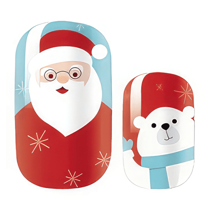 Festive Christmas nail wraps featuring Santa Claus and polar bear cartoon characters in red