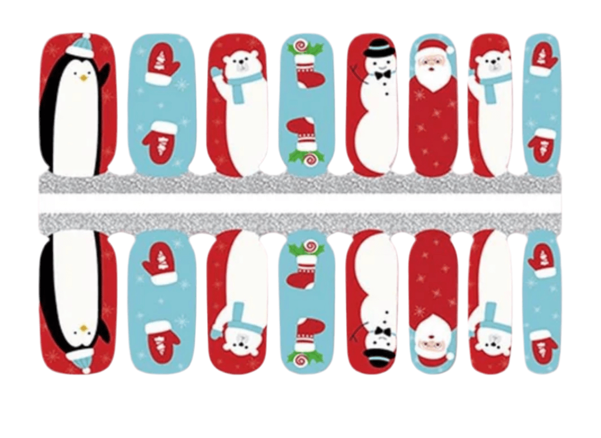 Santa's Workshop non-UV nail wraps sheet showing Christmas character designs with snowmen and festive patterns